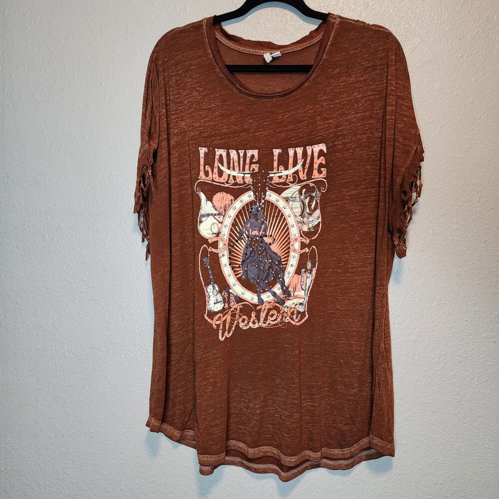Cato Plus Size 22/24W Rust Brown "Long Live Western" Fringe Graphic Tee Top